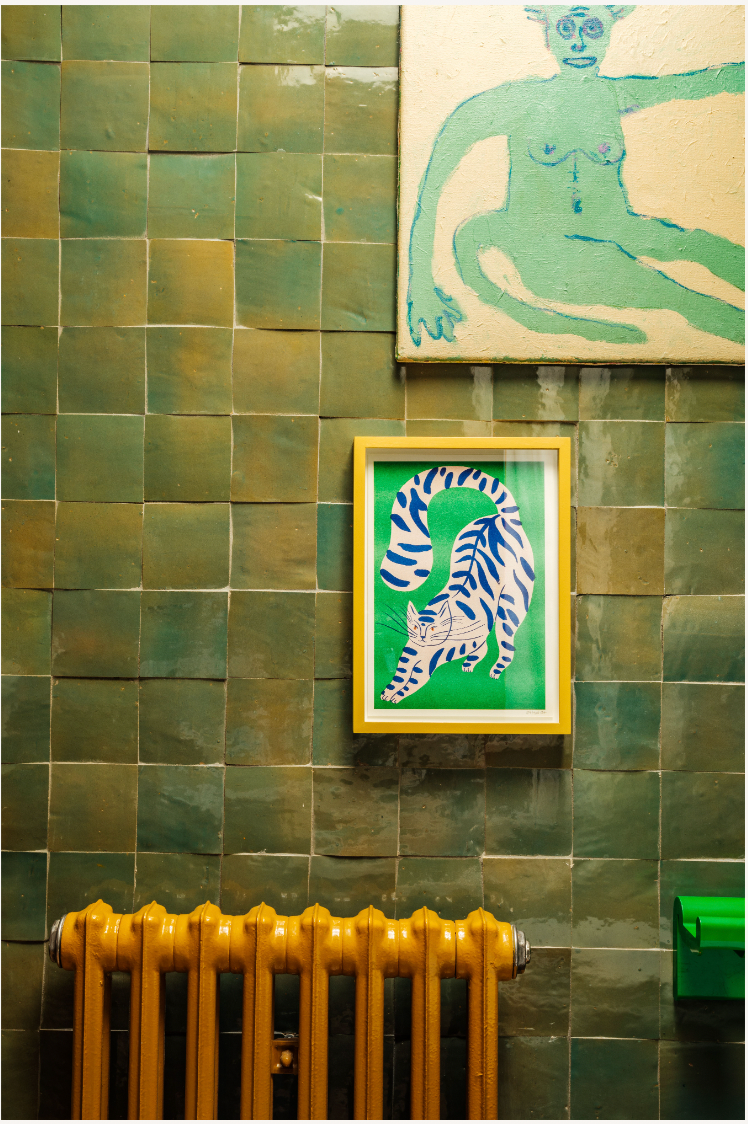 Blue Striped Cat with Green Background