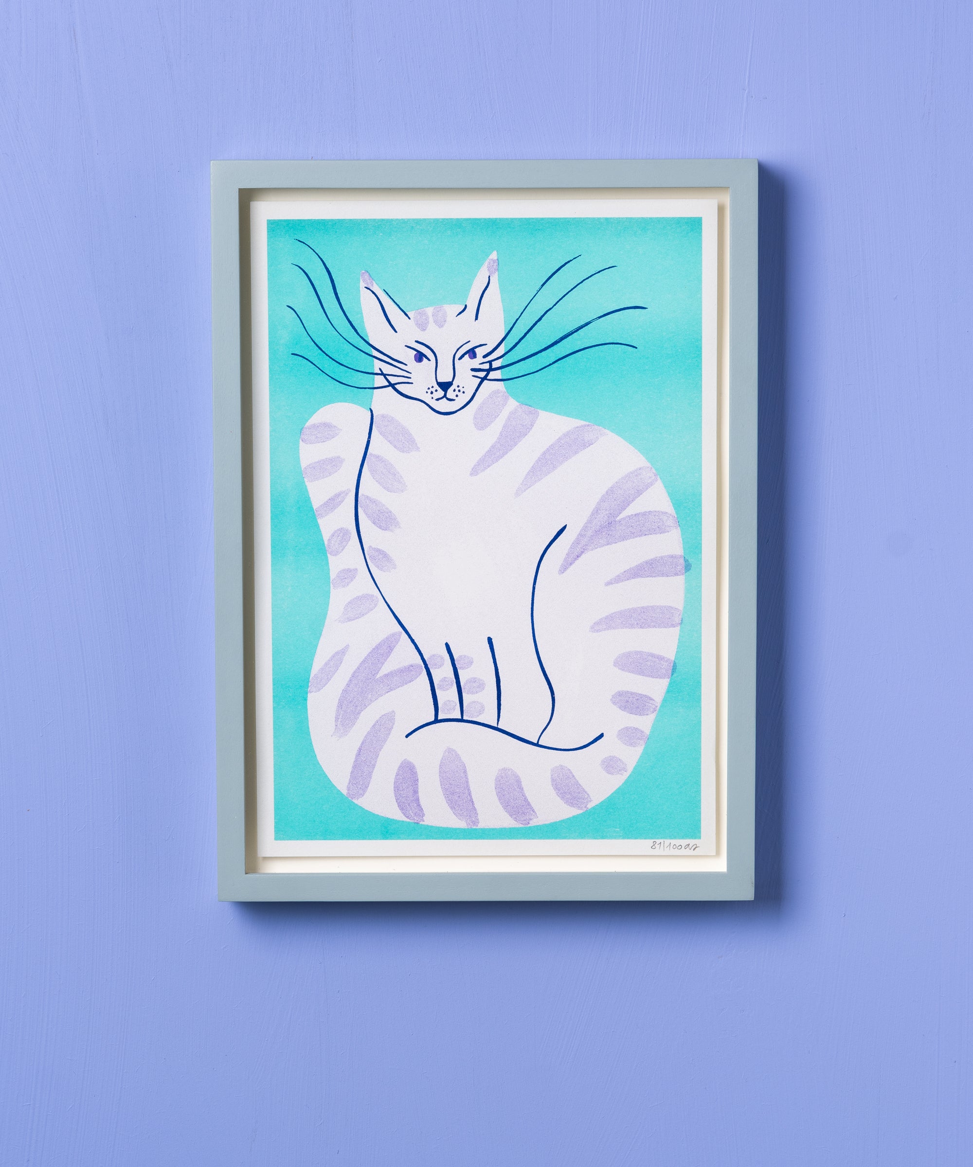Lilac Striped Cat with Blue Background