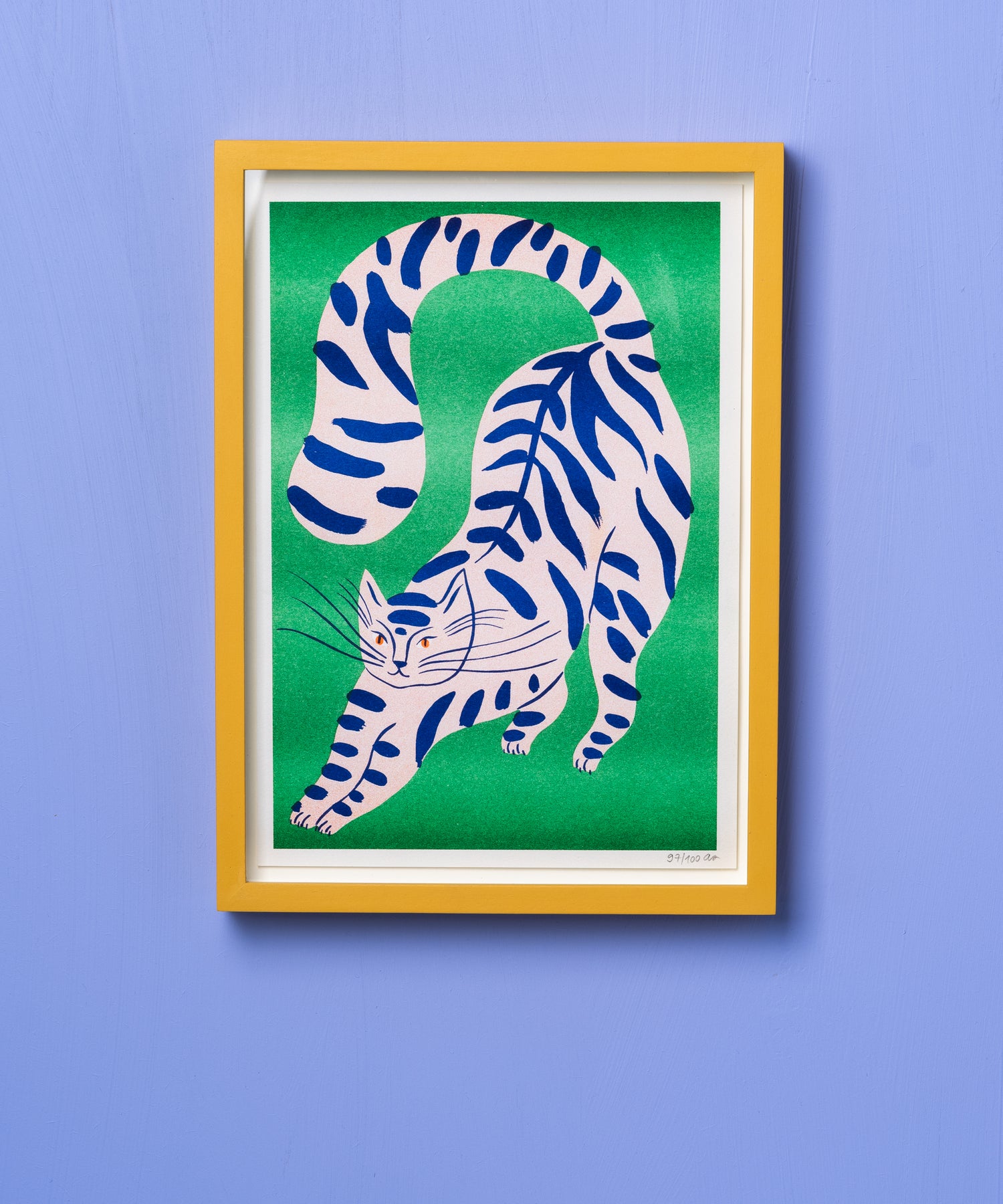 Blue Striped Cat with Green Background