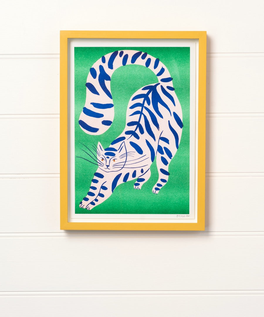 Blue Striped Cat with Green Background