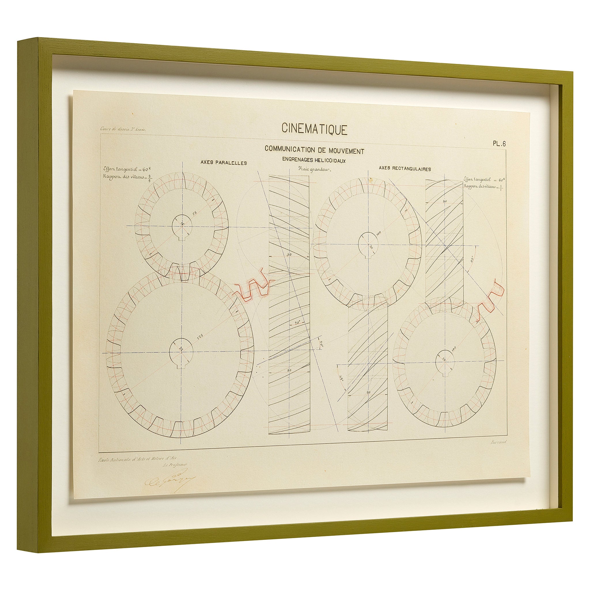 Print by G. Barraud of a technical drawing, float-mounted and framed in hand-painted olive green. Angled aspect.