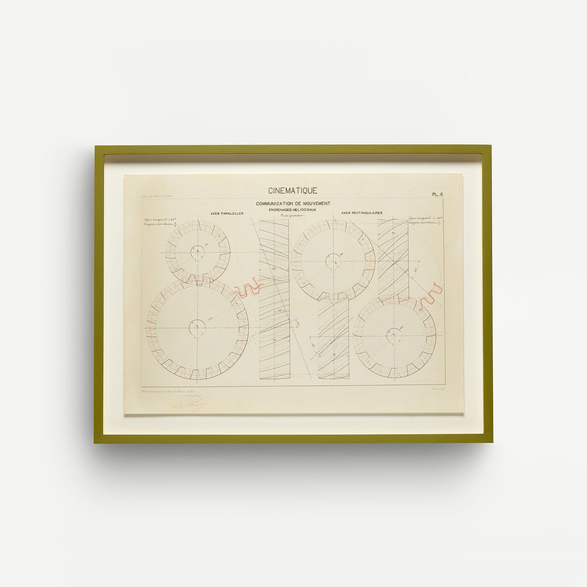Print by G. Barraud of a technical drawing, float-mounted and framed in hand-painted olive green. Front aspect.