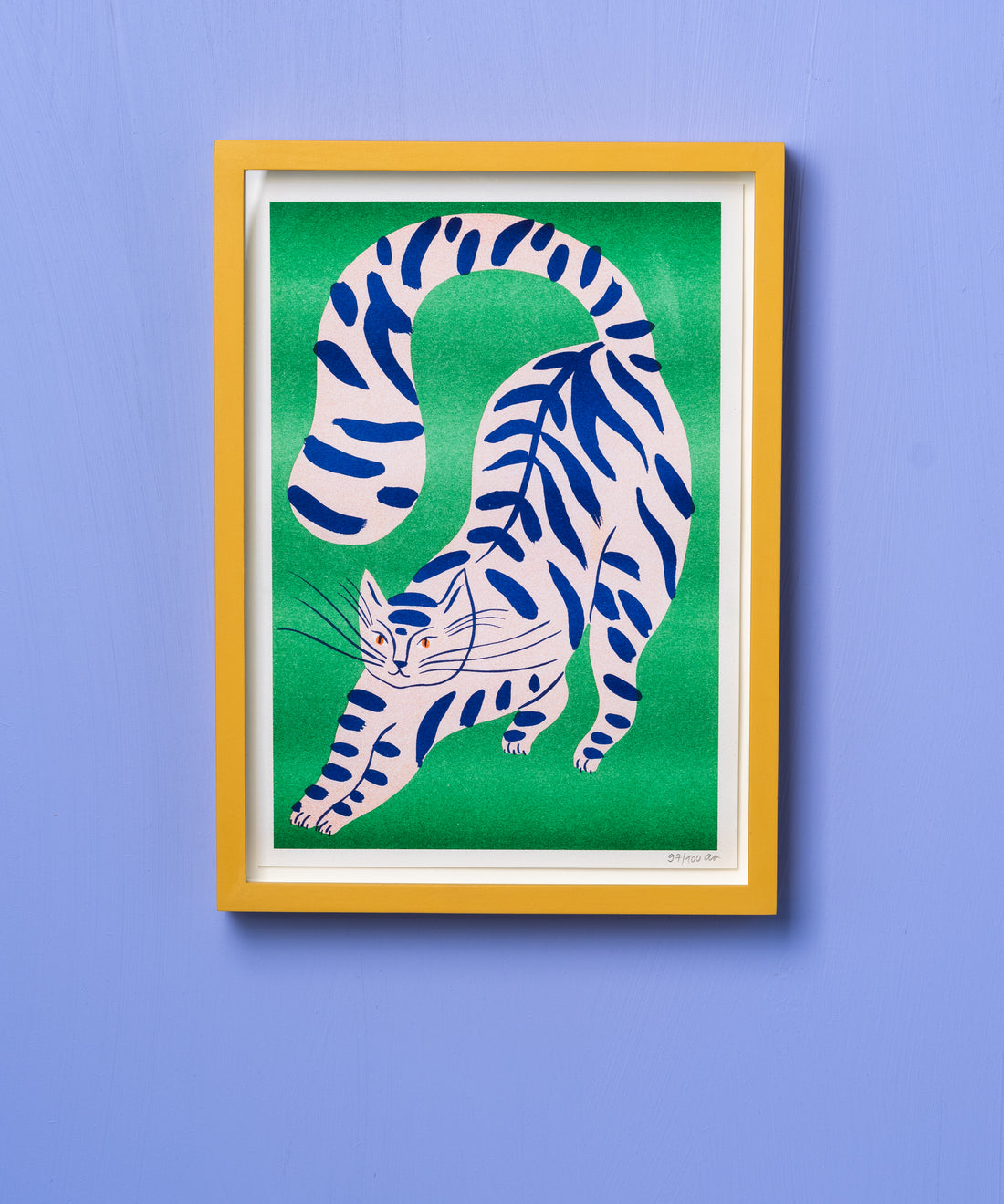 Blue Striped Cat with Green Background